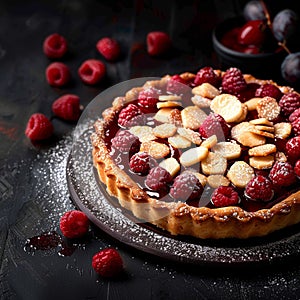 Sweet temptation Bakewell Tart on dark background with text space