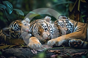 Sweet tiger cub sleeps in a jungle