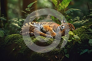 Sweet tiger cub sleeps in a jungle