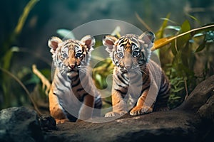 Sweet tiger cubs portraits in a jungle