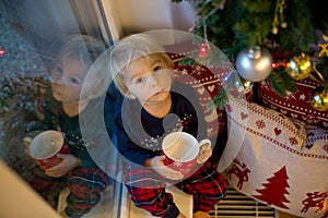 Sweet toddler boy in christmas pajama, sitting on window close to christmas tree, drinking milk