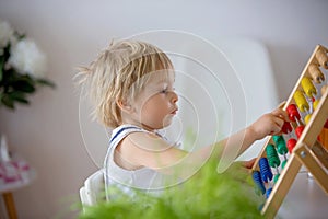 Sweet toddler child, blond boy, learning math at home with colorful abacus