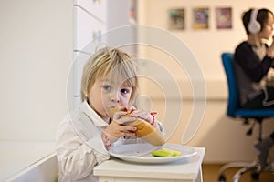 Sweet toddler child, boy, eating hot dog at home