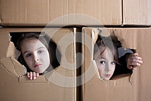 Sweet toddler child, cute blond boy, hiding in cardboard box, looking out