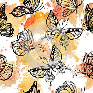 Sweet tone of Butterflies flying on watercolor splashes seamless pattern scattered repeat