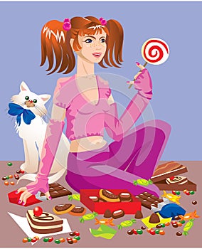 Sweet tooth girl with different sweets photo