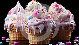 Sweet treats dessert, candy, chocolate, icing, sugar, cookie, cupcake, marshmallow, strawberry, ice cream generated by