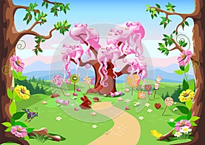 Sweet tree and candy land in a forest glade