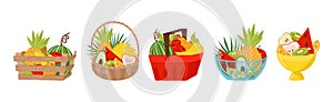 Sweet Tropical Fruit in Basket and Wooden Crate Vector Set