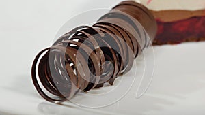 Sweet tubes - dessert. Chocolate tube for decoration, closeup.