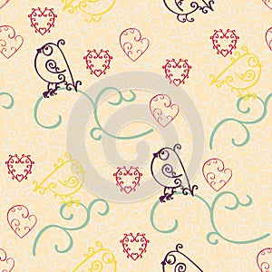 Sweet valentine day background. Seamless hand made pattern of spirals with birds and hearts.