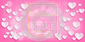 Sweet Valentines day sale pink background calligraphy and paper cut with heart hanging decoration