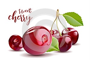 Sweet Vector 3D Realistic Cherry, isolated on white background.