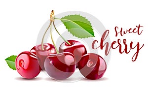 Sweet Vector 3D Realistic Cherry, isolated on white background.