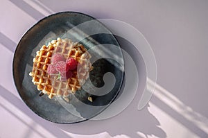 Sweet Viennese waffles with fresh ripe raspberries are served for Breakfast on a beautiful plate. top view. Copy space