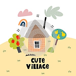 Sweet village. cartoon house, hand drawing lettering, decor elements. colorful illustration for kids, flat style. typography font,