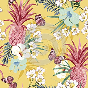 Sweet vintage pastel tropical forest exotic colorful flowers palm leaves  seamless vector pattern,design for fashion,fabric,
