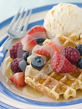 Sweet Waffles with Berries Ice Cream and Syrup