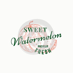 Sweet Watermelon Abstract Vector Sign, Symbol or Logo Template. Hand Drawn Sketch Water Melon with a Slica and Retro