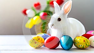 a sweet white easter bunny surrounded by painted easter eggs