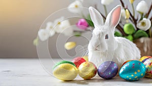 a sweet white easter bunny surrounded by painted easter eggs