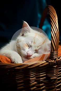 Sweet white kitten resting comfortably in a wicker basket, AI-generated.