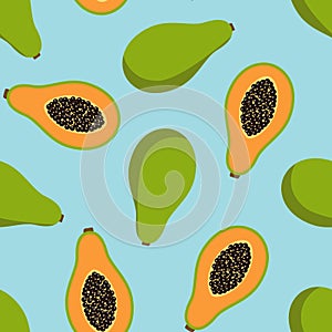 Sweet whole papaya and cut papaya tropical exotic fruit summer orange green with seeds on a blue background seamless pattern