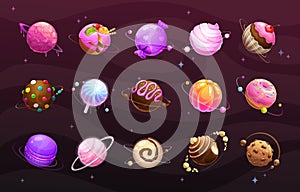 Sweet world concept. Food planets on space background.