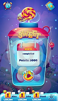 Sweet world mobile GUI level completed screen for video web game