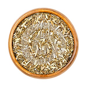 Sweet wormwood, dried herb, Artemisia annua in a wooden bowl