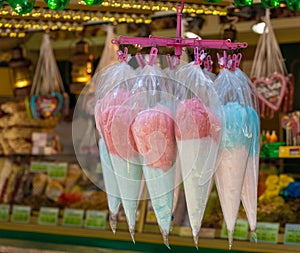 sweet wrapped cotton candy at a candy stand