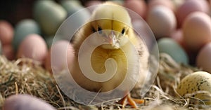 Sweet Yellow Baby Chick with Colorful Easter Eggs - Generative AI