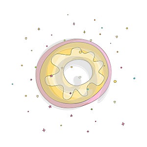 Sweet yellow donut cartoon icon with colorful decoration. Vector icon cartooning tasty donut with hole. Sweet pink round