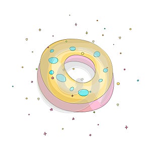 Sweet yellow donut cartoon icon with colorful decoration. Vector icon cartooning tasty donut with hole. Sweet pink round