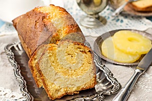 Sweet yogurt cake with olive oil, coconut and pineapple