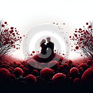 Sweetest moment, silhouette of a couple lover, in a love scene, sitting in a red rose flower field, romantic, dreamy, fantasy art,