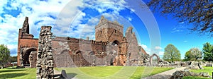 Sweetheart Abbey Ruins Panorama from Cloisters, New Abbey, Scotland, Great Britain