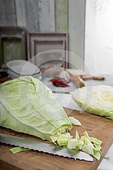 Sweetheart cabbage on chopping board