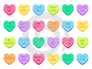 Sweetheart candy. Sweet heart candies, sweets valentines and conversation love hearts candies flat vector illustration