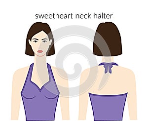 Sweetheart neckline halter clothes character beautiful lady in violet top, shirt, dress technical fashion illustration