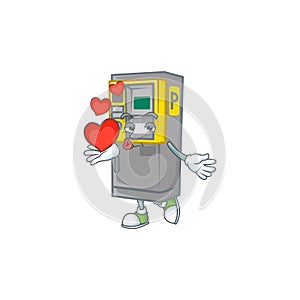 A sweetie parking ticket machine cartoon character holding a heart