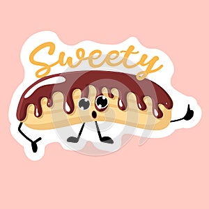 Sweetie sticker. eclair with chocolate icing. Bakery logo. Vector illustration of bakery and pastry.Eclair cartoon character