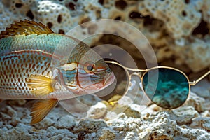 sweetlips fish beside a pair of round, metallic sunglasses