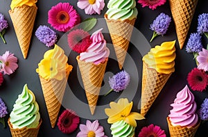 Sweetness of different flavored ice cream cones with flowers on display