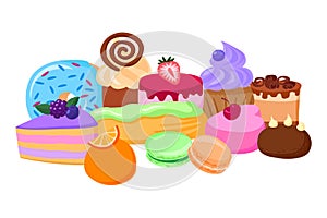 Sweetness set bakery product delicacy, dessert foodstuff cake, italian macaroon and fruit muffin flat vector