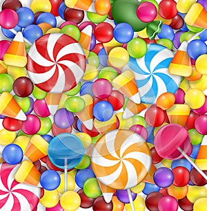 Sweets background with lollipop, candy corn and gumballs