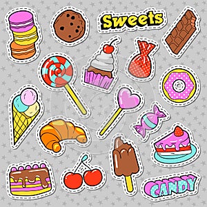Sweets and Bakery Doodle. Candies, Ice Cream and Macaroon badges, patches and stickers