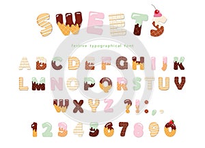 Sweets bakery font design. Funny latin alphabet letters and numbers made of ice cream, chocolate, cookies, candies. For