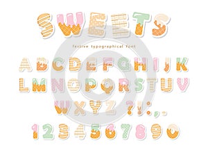 Sweets bakery font design. Funny latin paper cutout alphabet letters and numbers made of ice cream, chocolate, cookies