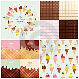 Sweets big set. Ice cream cone seamless pattern. Chocolate and wafer background collection. Hello summer poster.